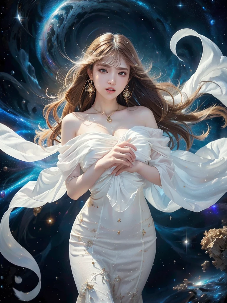 Official Art、Unity 8k Wallpapers、(high detal)、Beautifully Aesthetic、​masterpiece、top-quality、realisitic、
goddes　angelicales　a moon、White magic　Long　long dress delicate lighting、soft highlights、modest depth、