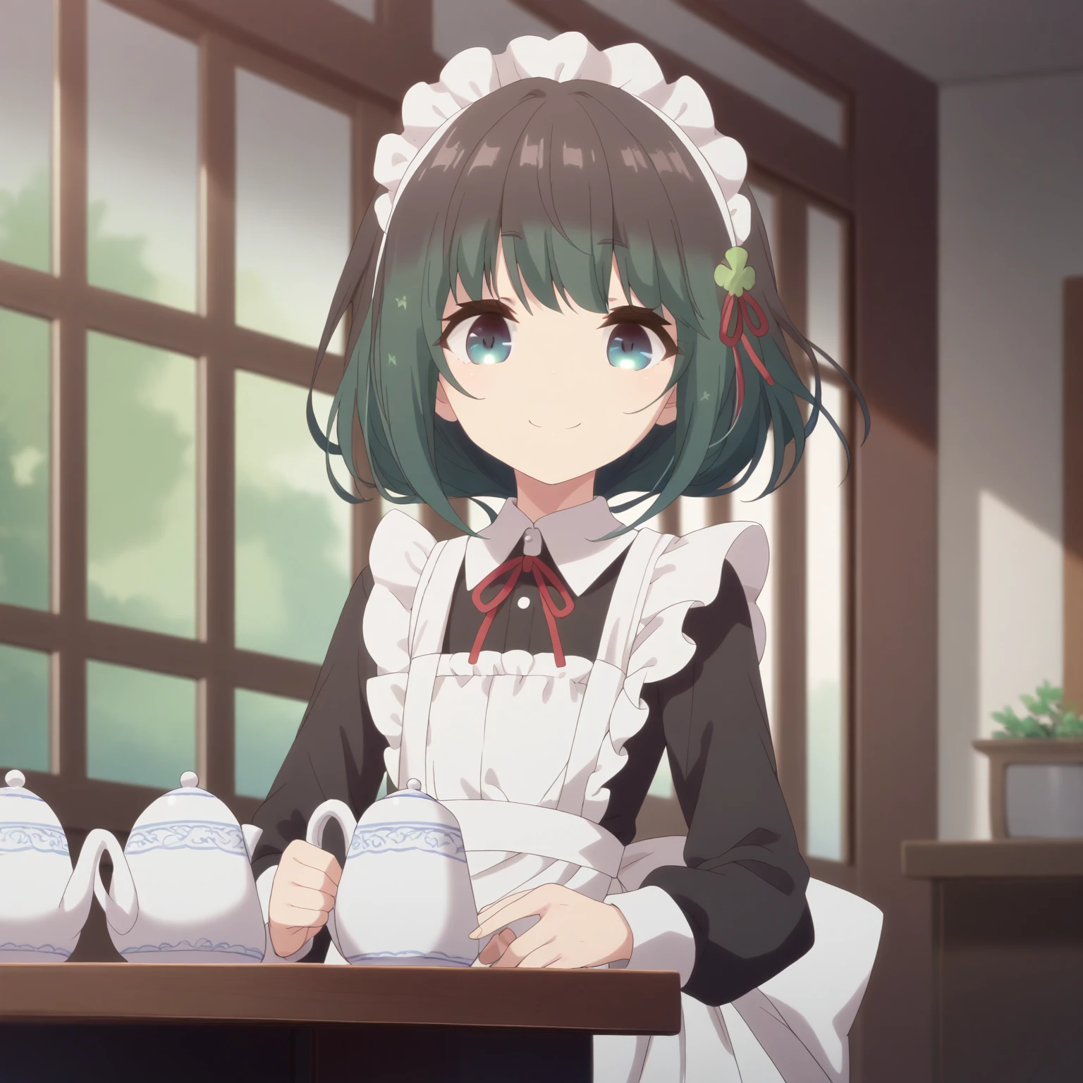 Cafe。 flat chested。  stockings、 very smiling。 。Long sleeve maid outfit, He holds a teapot in his right hand。 four-leaf clover with green hair  。  big red ribbon in the hair 。  shorthair。dark hair close to brown