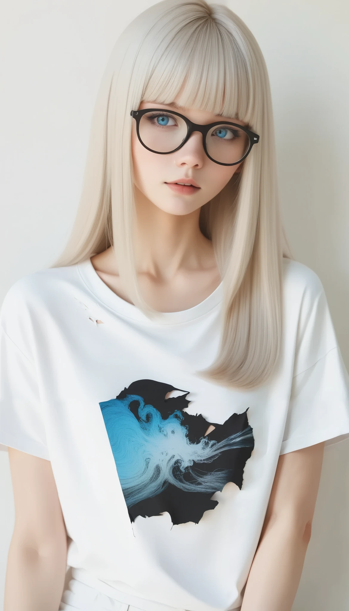 (Ultra-detailed skin),  pale skin, (Ultra Fine Hair),(Very soft hair),(Super straight hair:1.5), longer bangs for the day,black,Hair on one eye, blue eyes, Glasses, black, straight, silky smooth long white t-shirt (Up to the thighs),  medium chest  ( white shirt,  lower body naked, Torn, mid-chest Torn shirt,  no underwear, nsfw 