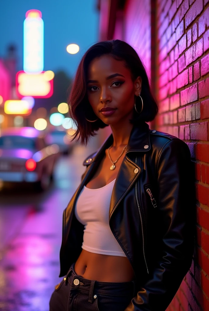Black mulatto nigger woman with dark brown skin street prostitute totally naked wearing black leather jacket in a neon-filled setting