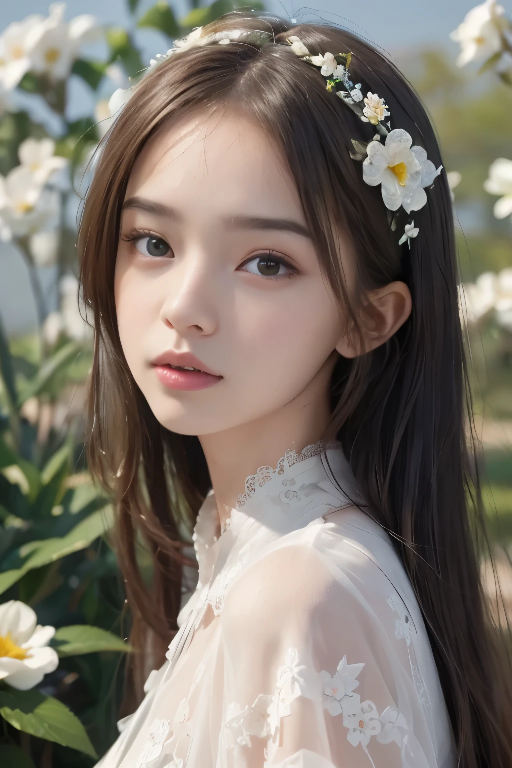 best quality、tmasterpiece、ultra high resolution、actual、1 girl、Glossy skin、((Surreal detailed))、Global photo、8K、Highly complex details、shinning eyes、White ultra-thin transparent lace、Lots of flowers in the background