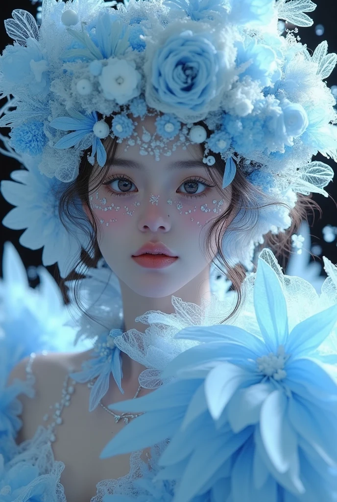  araffe woman in blue dress，There are feathers and feathers on the head, Portrait inspired by cold plum ,  is popular in the CG community, Rococo, Snow Queen, Ice Witch, the Snow Queen, Ice Princess,  woman made of ice ,  portrait of a steampunk ice girl , 美丽的古代霜之女巫,  There are frozen flowers all around 