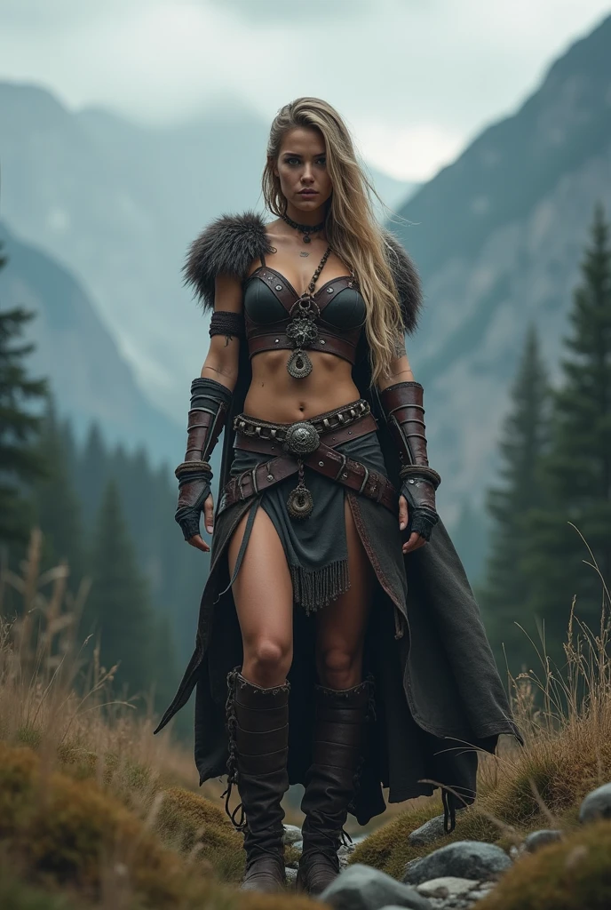 a viking warrior girl, beautiful detailed eyes, beautiful detailed lips, extremely detailed eyes and face, long eyelashes, strong muscular body, wearing fur armor, holding a battle axe, in a dark mysterious forest, dramatic lighting, epic fantasy, digital painting, cinematic composition, muted color palette, dramatic shadows, highly detailed
