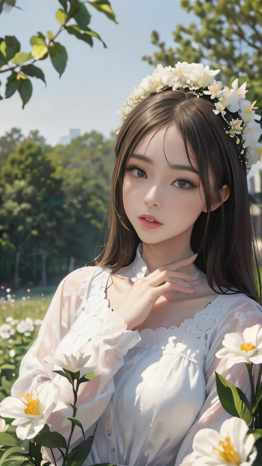 best quality、masterpiece、ultra high resolution、actual、1 girl、shiny skin、((Surreal detailed))、global photos、8K、Highly intricate details、shining eyes、elegant posture、white lace、There are many flowers in the background