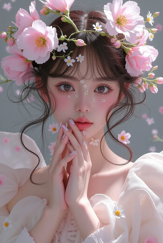  There is a woman wearing a flower crown,  Fantastic Beauty, Fairy look , ethereal!!!!!!!, ethereal!!!  Super Realistic , Fairy Tale Core, Fairy Portrait, author：Kojima Ayami,  Ethereal Fairy Tale ,  Portrait of a Fairy , ethereal!!!,  ethereal , Inspired by Jin Nong, Spring Goddess, Flower Goddess,  unbelievably ethereal , Flower Empress