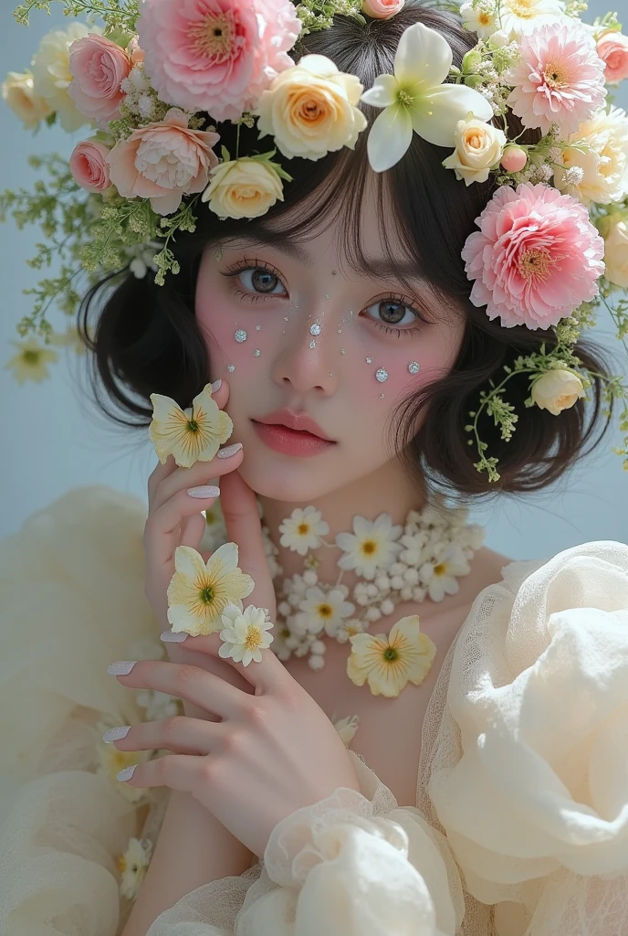  There is a woman wearing a flower crown, Kojima Ayami (Ayami Kojima) Photos taken, tumblr, Rococo,  Fantastic Beauty, Fairy look , ethereal!!!!!!!, ethereal!!!  Super Realistic , Fairy Tale Core, Fairy Portrait,  Ethereal Fairy Tale ,  Portrait of a Fairy , ethereal!!!,  ethereal , Spring Goddess, Flower Goddess,  unbelievably ethereal , Flower Empress