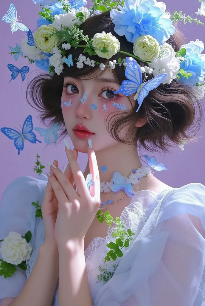 There was a woman，Wears a flower hat on the head ， has a butterfly decoration on the head, Fairy Tale Core, artwork in the style of Gu Weiss, Gu Weiss,  was inspired by Cheng Yanjun ,  aesthetically cute ，Steampunk with fluttering ,  ethereal , dream,  Ethereal Fairy Tale , dream般的美丽, 🌺 CG Society, Gu Weiss masterpiece, Fantasy Aesthetics!,   photo of Belle Delphine 