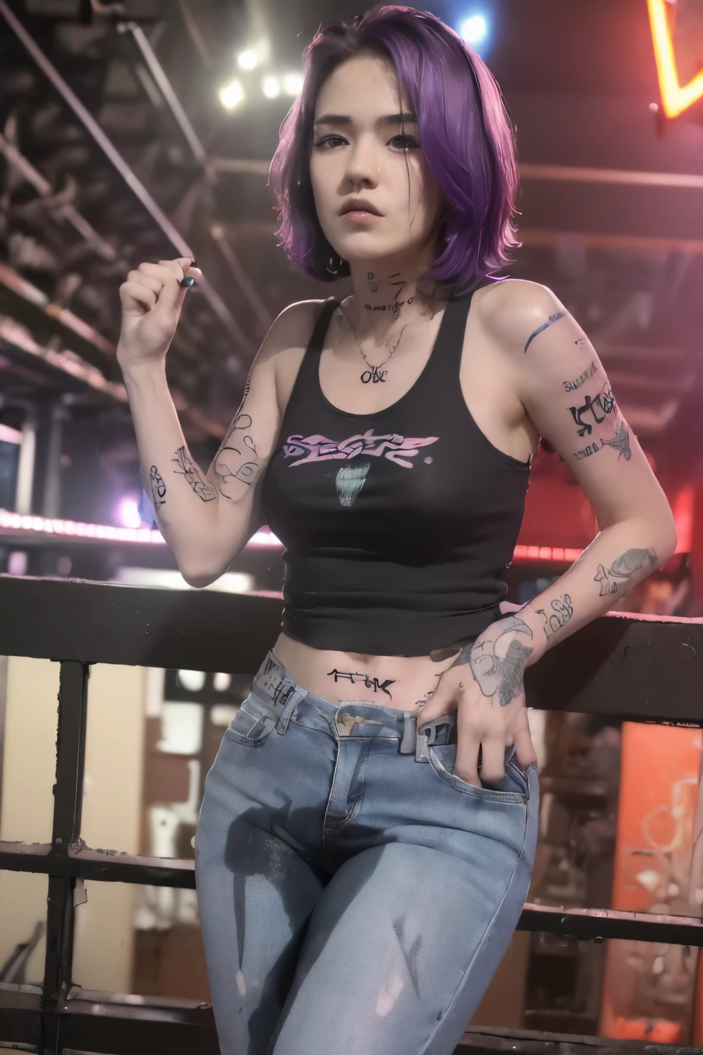 ((((8k:1.3, masterpiece:1.3)))), Full body, Long legs, Focal length, Perfect Body Beauty, ((bright purple Hair:1.4, short haircut: 1.3, small Breasts: 1.2 )), (wearing bike shors:1.4, wearing black tank top), ((emo girl:1.4, tattoed body:1.3, tattoed face:1.3, standing in dirty nightclub:1.4)), Highly detailed face and skin texture, Detailed eyes, Double eyelids, peeing pants, pee stain, peed her pants,