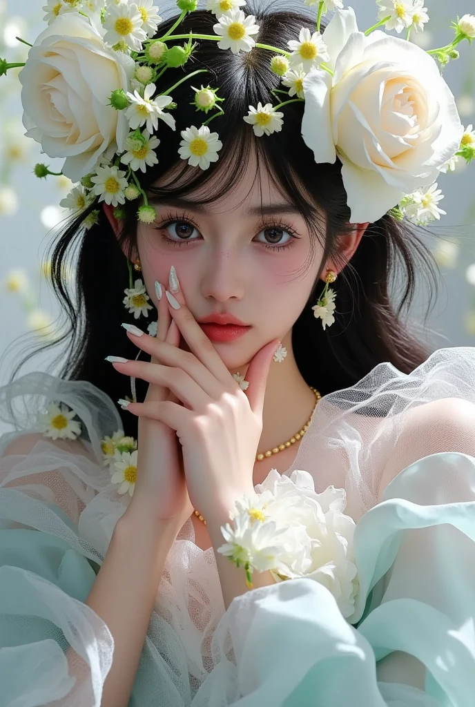  There is a woman wearing a flower crown, Kojima Ayami (Ayami Kojima) Photos taken, tumblr, Rococo,  Fantastic Beauty, Fairy look , ethereal!!!!!!!, ethereal!!!  Super Realistic , Fairy Tale Core, Fairy Portrait,  Ethereal Fairy Tale ,  Portrait of a Fairy , ethereal!!!,  ethereal , Spring Goddess, Flower Goddess,  unbelievably ethereal , Flower Empress