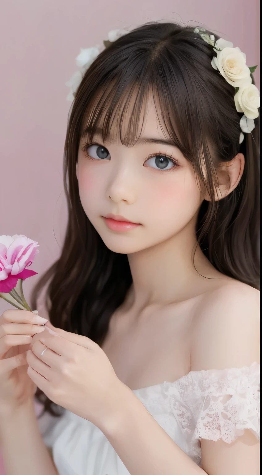 One girl,flower, Lisianthus ,Pale pinkと淡い青のスタイル, A dreamy, romantic piece, Pale pink,Fantasy, White off-the-shoulder dress,Pink Long Hair,Brush strokes, Negative Space,Fantasy