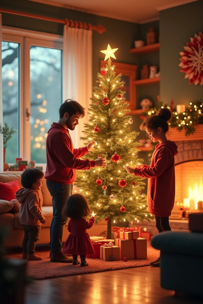 Family Putting Up Christmas Tree
