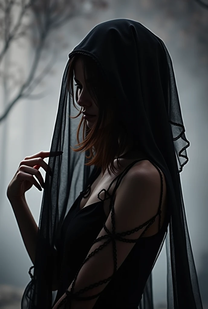 Mysterious figure of a woman in a long veil, the veil hides the face ...