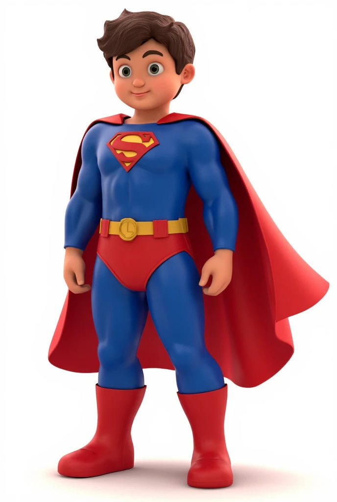 3-year-old Lucca boy wearing glasses, pele detalhada, rosto detalhado, Casais, CORPO INTEIRO NA CENA, wearing the Superman uniform in the center of the image posing for the photographer. A roupa detalhada com seu logotipo no peito e capa vermelha fluindo nas costas. A roupa do filme "Man of Steel". The boy standing in the air with his cape fluttering, having the city below him blurry. Cinematic lighting, e a cena muito detalhada em UHD. Fotorrealismo, the trend in this award-winning photograph.