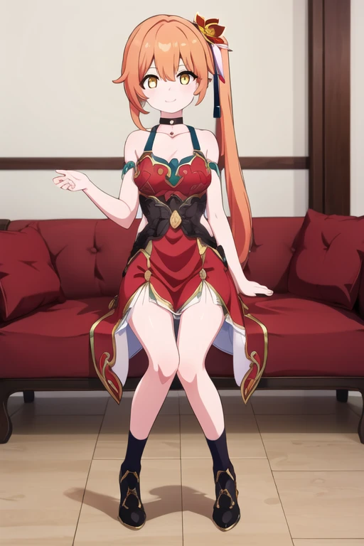 (high quality, high resolution:1.3), 4k, masterpiece, detailed background, sofa, indoors, messy room, 
BREAK
 1girl, solo, Guinaifen, red dress, sitting, long hair, (side ponytail:1.1), orange hair, bare shoulders, hair ornament, hair flower, yellow eyes, small breasts, looking at viewer, smile, dress, choker, collarbone, teenage girl , full body art , full body , standing up