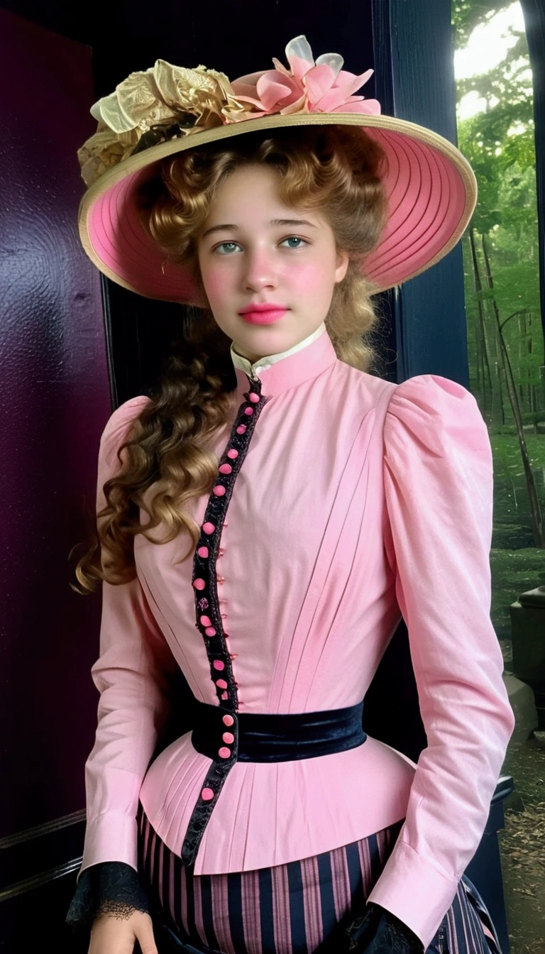 Sexy 12yo Gibson Girl of the Edwardian era. Wearing her (((pink 1900_dr3ss:1.5))). High-collar long sleeve shirtwaist tucked into floor-length skirt, waistband, wide-brimmed picture hat. (((Full body))). 9-inch Wasp waist, bubble butt sticking out. Full body. Honey blonde hair . Forest setting 