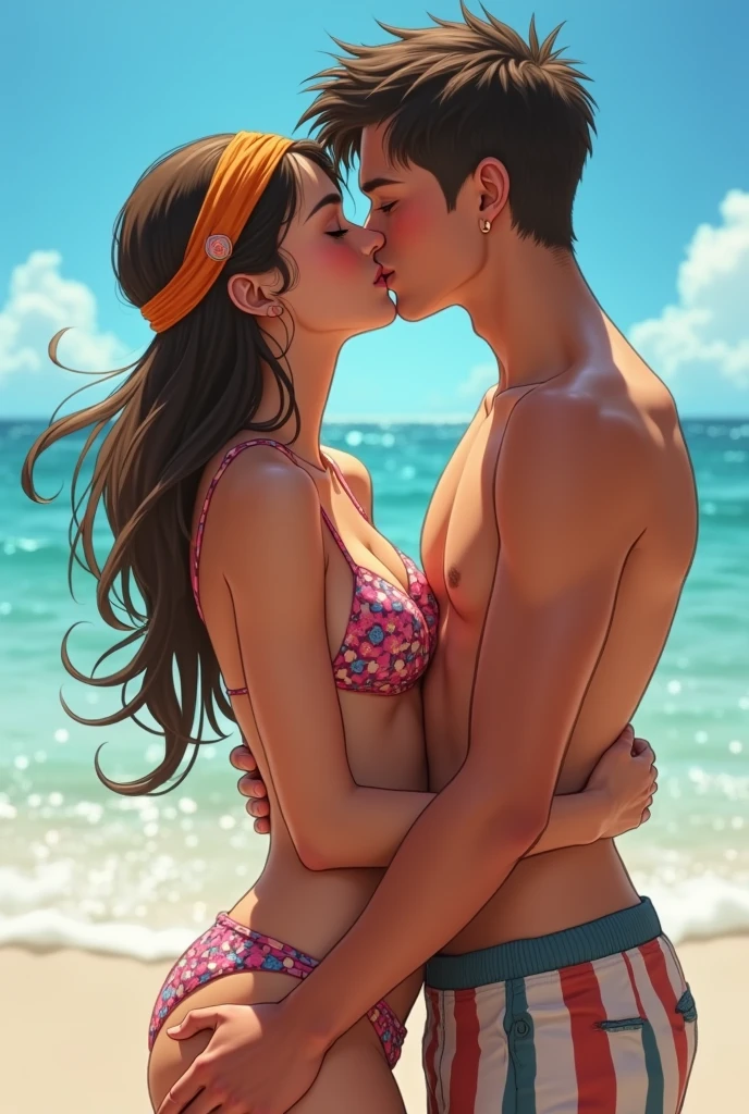 Homem de meia idade beijando mulher de 19 anos na praia