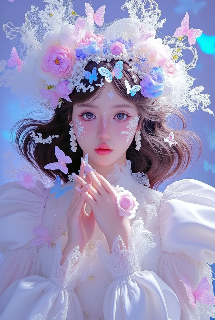 There was a woman，Wears a flower hat on the head ， has a butterfly decoration on the head, Fairy Tale Core, artwork in the style of Gu Weiss, Gu Weiss,  was inspired by Cheng Yanjun ,  aesthetically cute ，Steampunk with fluttering ,  ethereal , dream,  Ethereal Fairy Tale , dream般的美丽, 🌺 CG Society, Gu Weiss masterpiece, Fantasy Aesthetics!,   photo of Belle Delphine 