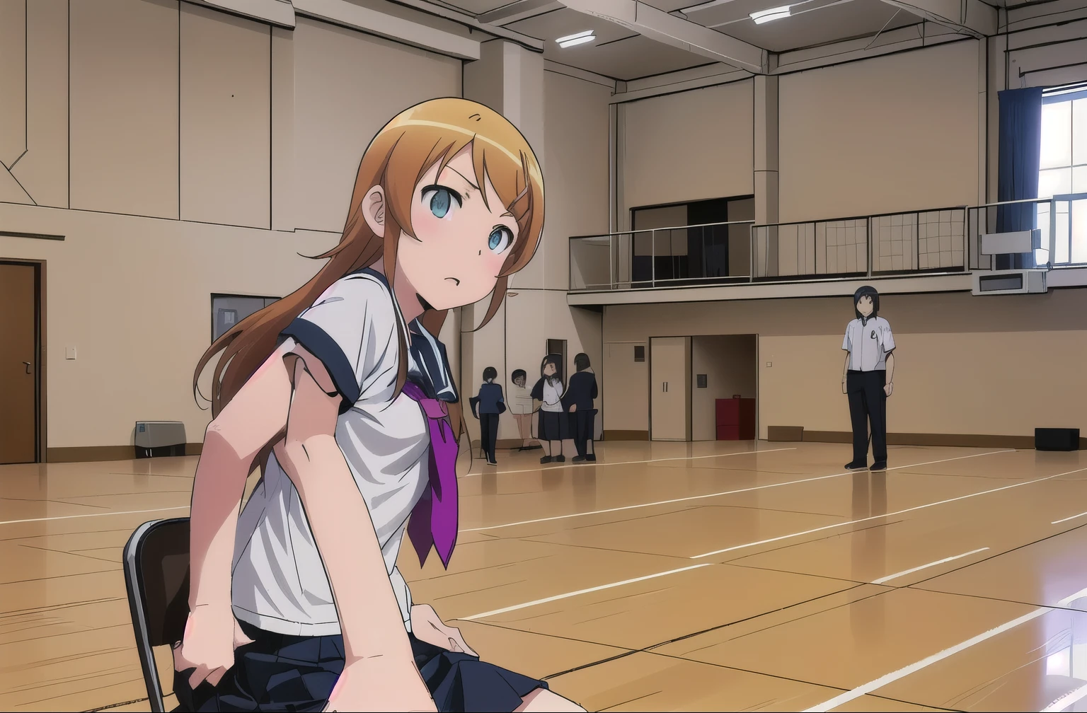 Anime image of a girl sitting on a gym chair, Volleyball court background,  Kitagawa Marin fan art ,  Hinata Hinata, High school gym, Nagatoro , VA-11 Hall-A, Official anime stills, From the TV anime, Official studio anime stills, shirobako,  anime stills featured today, Rei Hiroe