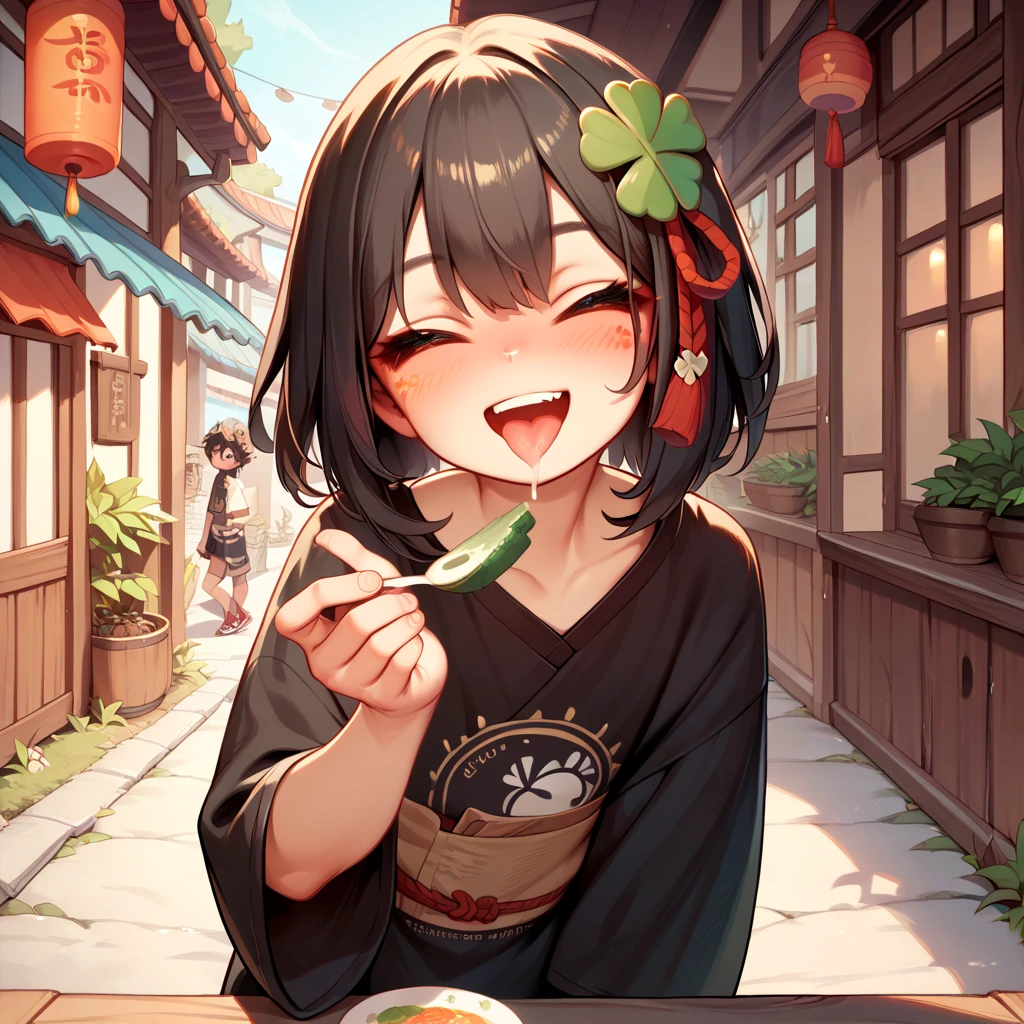  (8k), (  very detailed), (   best illustration  ), . flat chested。Black clothes。 No glasses。
 big red ribbon barrette。 four-leaf clover in hair 。adult。Slightly brown black hair。 medium hair。Being drunk。smile。adult。Eat steak,feeding