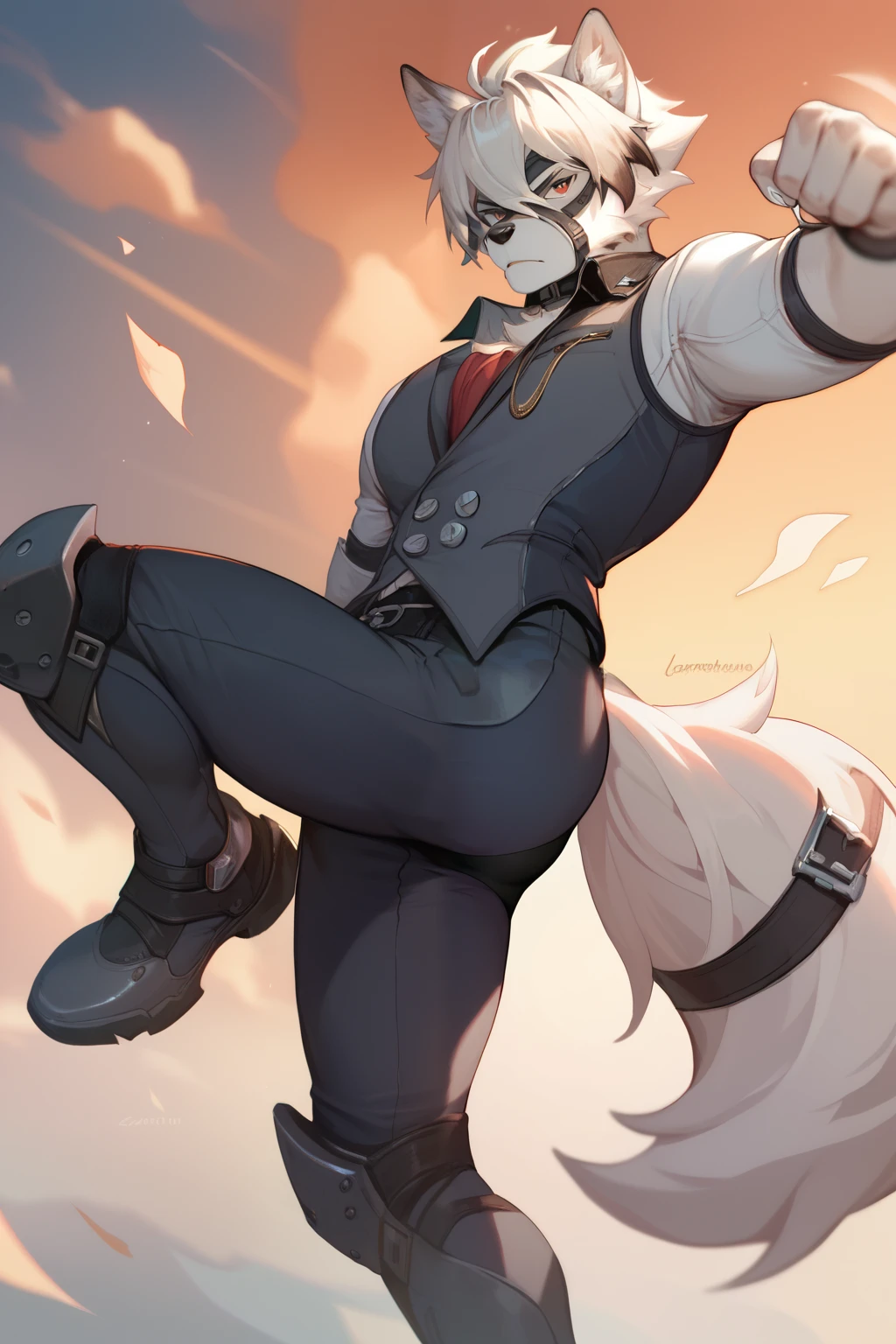 Von Lycaon, Anthropomorphic male furry wolf, wolf ears, muscular body, slim waist, High Resolution, Anatomically Correct, Super Detailed, High Details, Short Hair, White Hair, Solo, Full body, high kick, Detailed face, detailed eyes, correct eyes, correct face.