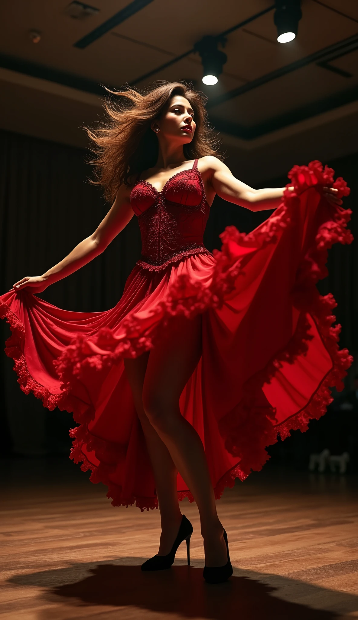 photography,人像photography,A woman in a red dress is dancing,City background,night,light, Rob Ray, Raymond Swanland's style, She is dancing. Practical, A stunning young ethereal figure, Art Jem Style, Stanley Ategum's style, Charlie Bowater Character Art, Style Art, Wallop |, author:stanley artgerm