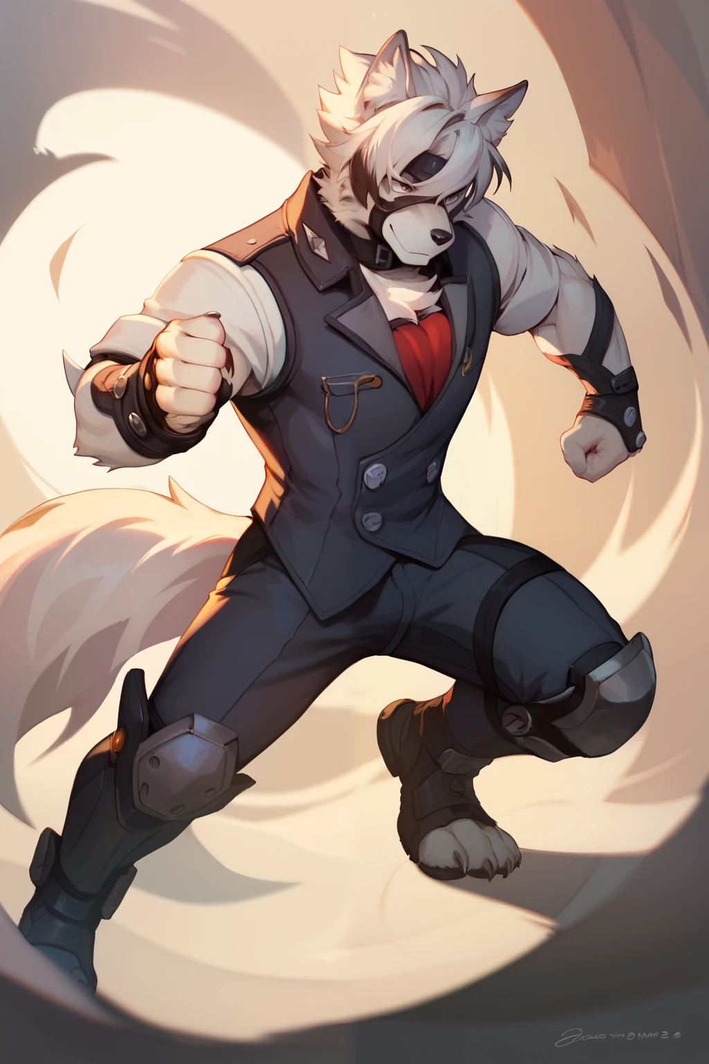 Von Lycaon, Anthropomorphic male furry wolf, wolf ears, muscular body, slim waist, High Resolution, Anatomically Correct, Super Detailed, High Details, Short Hair, White Hair, Solo, Full body, high kick, Detailed face, detailed eyes, correct eyes, correct face.