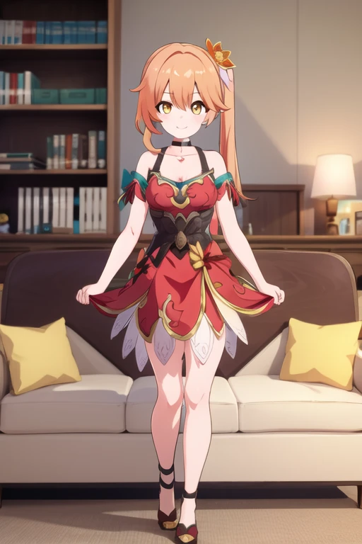 (high quality, high resolution:1.3), 4k, masterpiece, detailed background, sofa, indoors, messy room, 
BREAK
 1girl, solo, Guinaifen, red dress, sitting, long hair, (side ponytail:1.1), orange hair, bare shoulders, hair ornament, hair flower, yellow eyes, small breasts, looking at viewer, smile, dress, choker, collarbone,young girl , full body art , full body , standing up