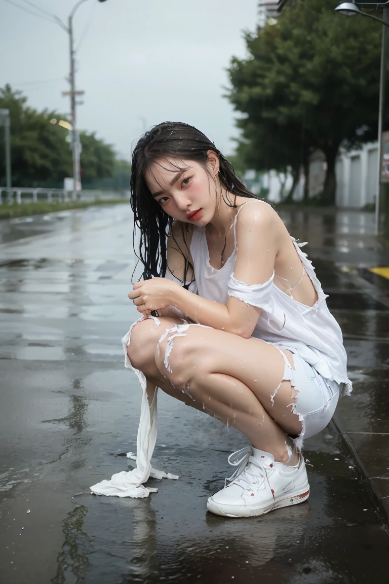 best image quality, masterpiece, super high resolution, (fidelity:1.4), photo, 1 girl, white shirt, torn jeans, white sneakers, dim, darkness, despair, pity, poor, movie, tears, teardrops, (torn clothes:1.5), (wet clothes:1.4), bare shoulders, real rain, wet hair,..