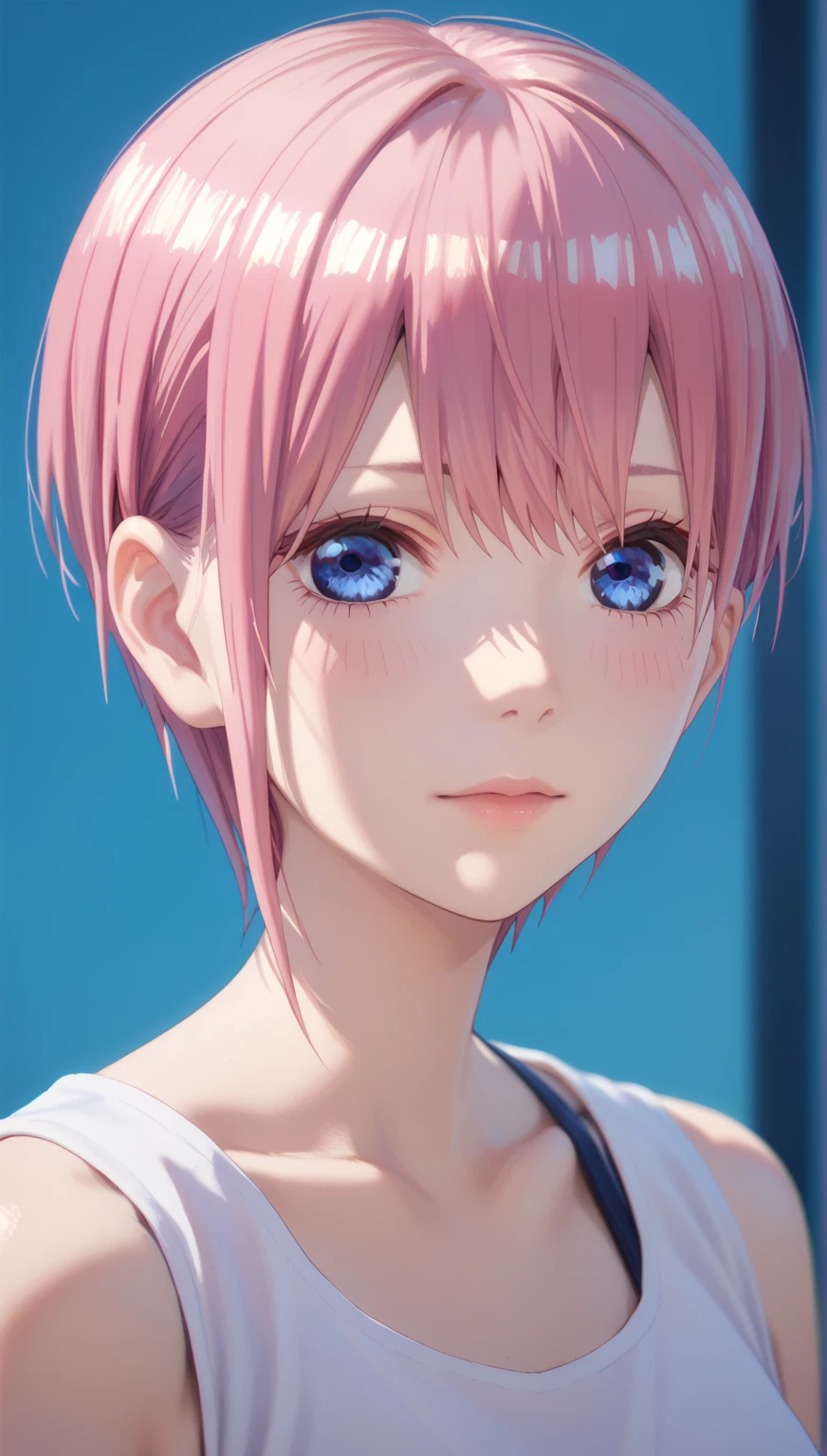  ichika nakano, short hair, bangs, blue eyes, hair between eyes, pink hair, bangs, blue eyes, 