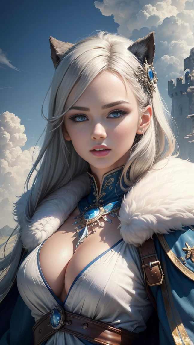 ((tall and beautiful fairy tale snow queen)) ((Big bright blue eyes)) ((dark eyeshadows make up)) (()) ((very pale skin)) ((bright red lips)), ((very long platinum blonde hair)) ((big breast:1.5)) ((slender body type)) ((wear fantasy ice made dress)) ((jewelry, crown, white cape)) ((ice castle at the background)) ((snow, everything frozen))((frozen field, snowing)) ((gloomy ambient, dense fog)) (()) ((high definition:1.5), ((lights out)) ((masterpiece:1.5))((8k:1.5)) ((Best quality:1.4)), more_details:-1, more_details:0, more_details:0.5, more_details:1, more_details:1.5