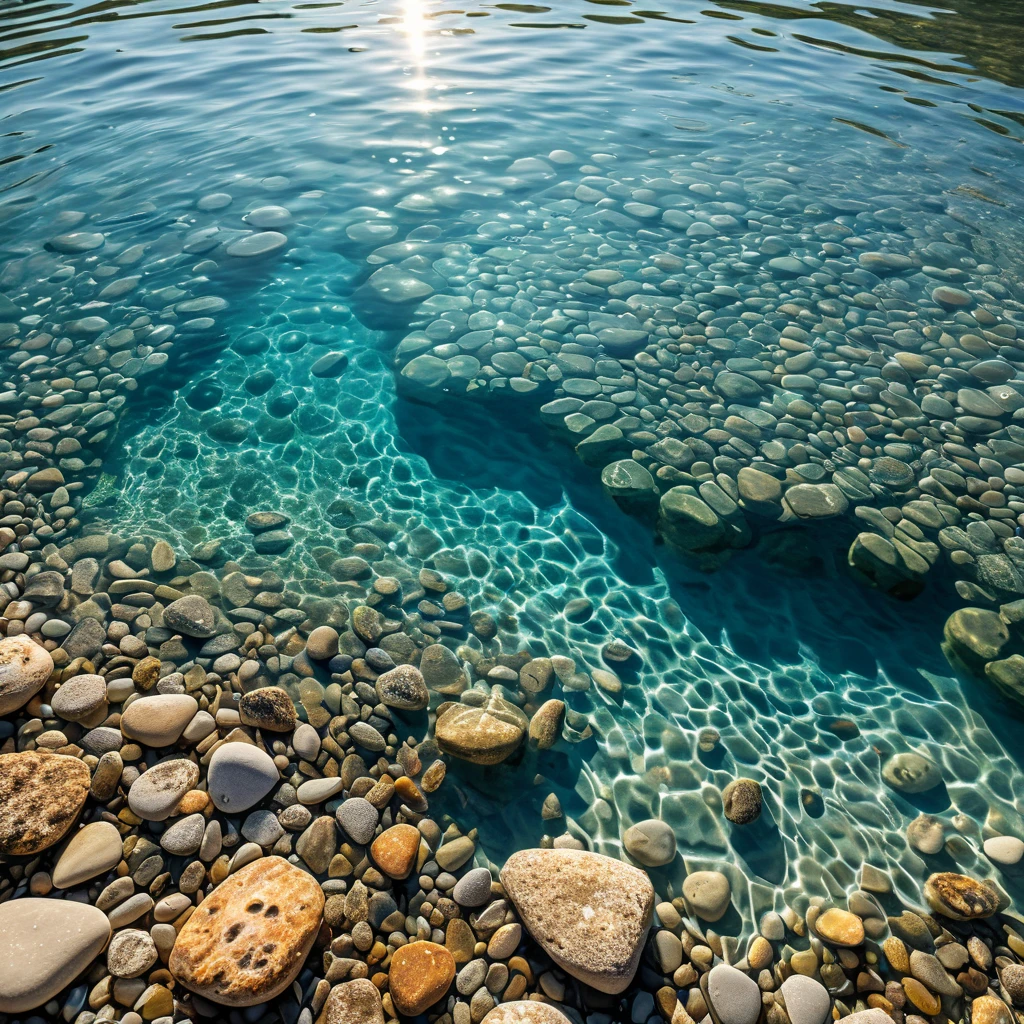 a realistic photos of a tranquil water surface from (top-dowm view), shallow and clear water, (see-through water surface), [pebbles] in water bottom, fishes, (ray of sunlight), vibrant lighting, high-resolution image