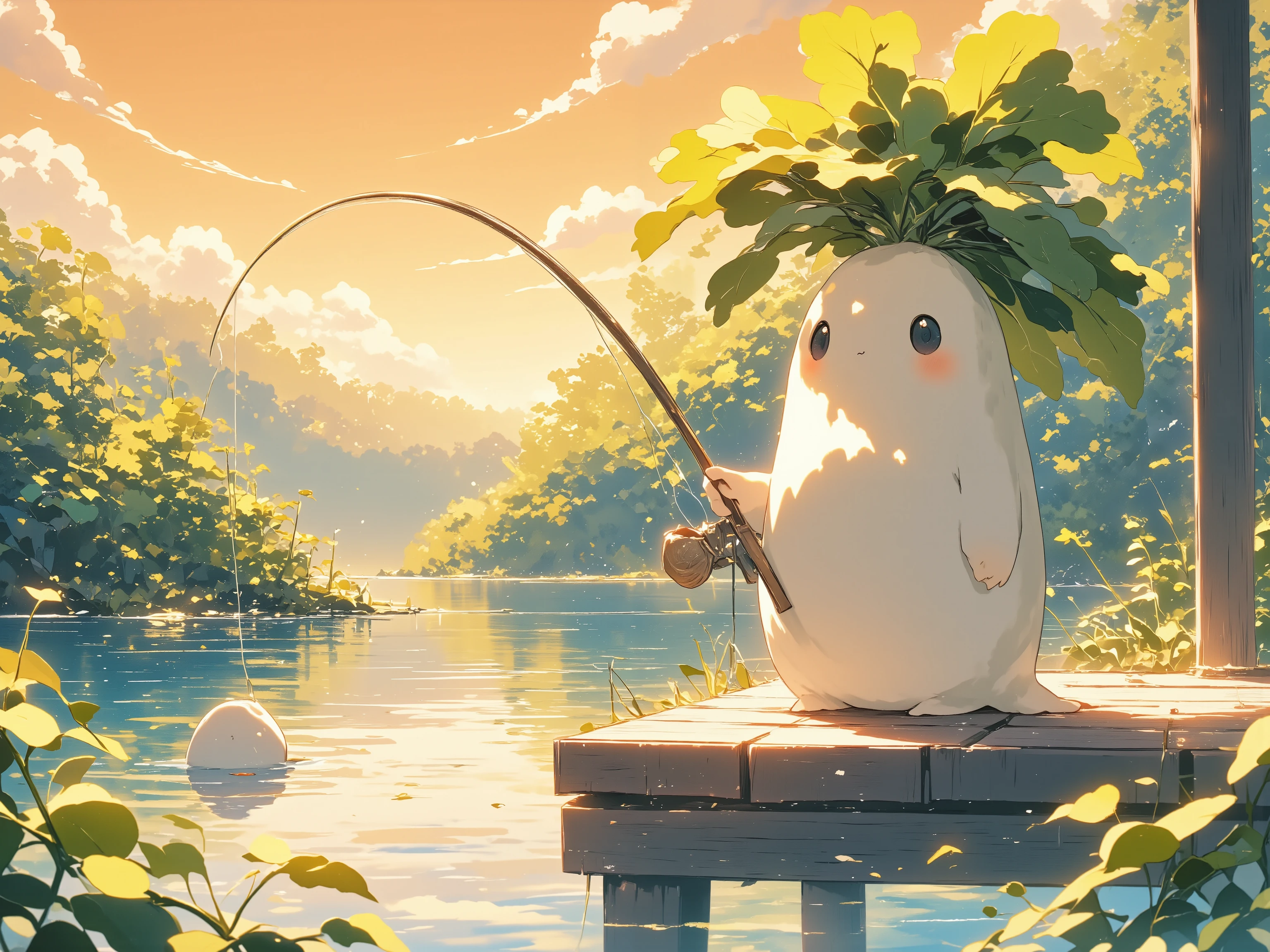 Daikon fishing on a quiet lake, daikon character, fishing rod, sitting on a pier, cute daikon, warm illustration, illustration based on warm colors, highlighting the quiet lake