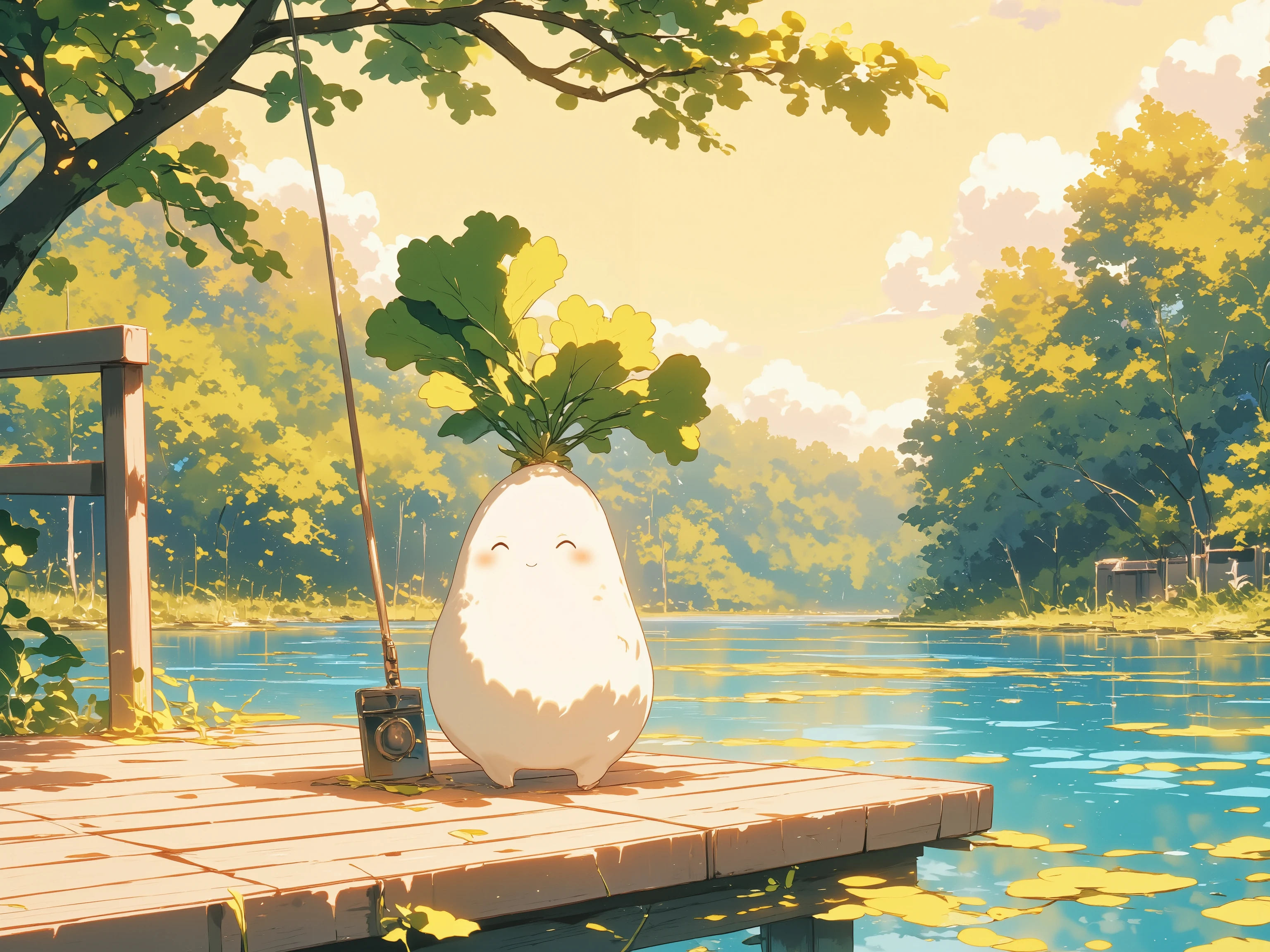 Daikon fishing on a quiet lake, daikon character, fishing rod, sitting on a pier, cute daikon, warm illustration, illustration based on warm colors, highlighting the quiet lake