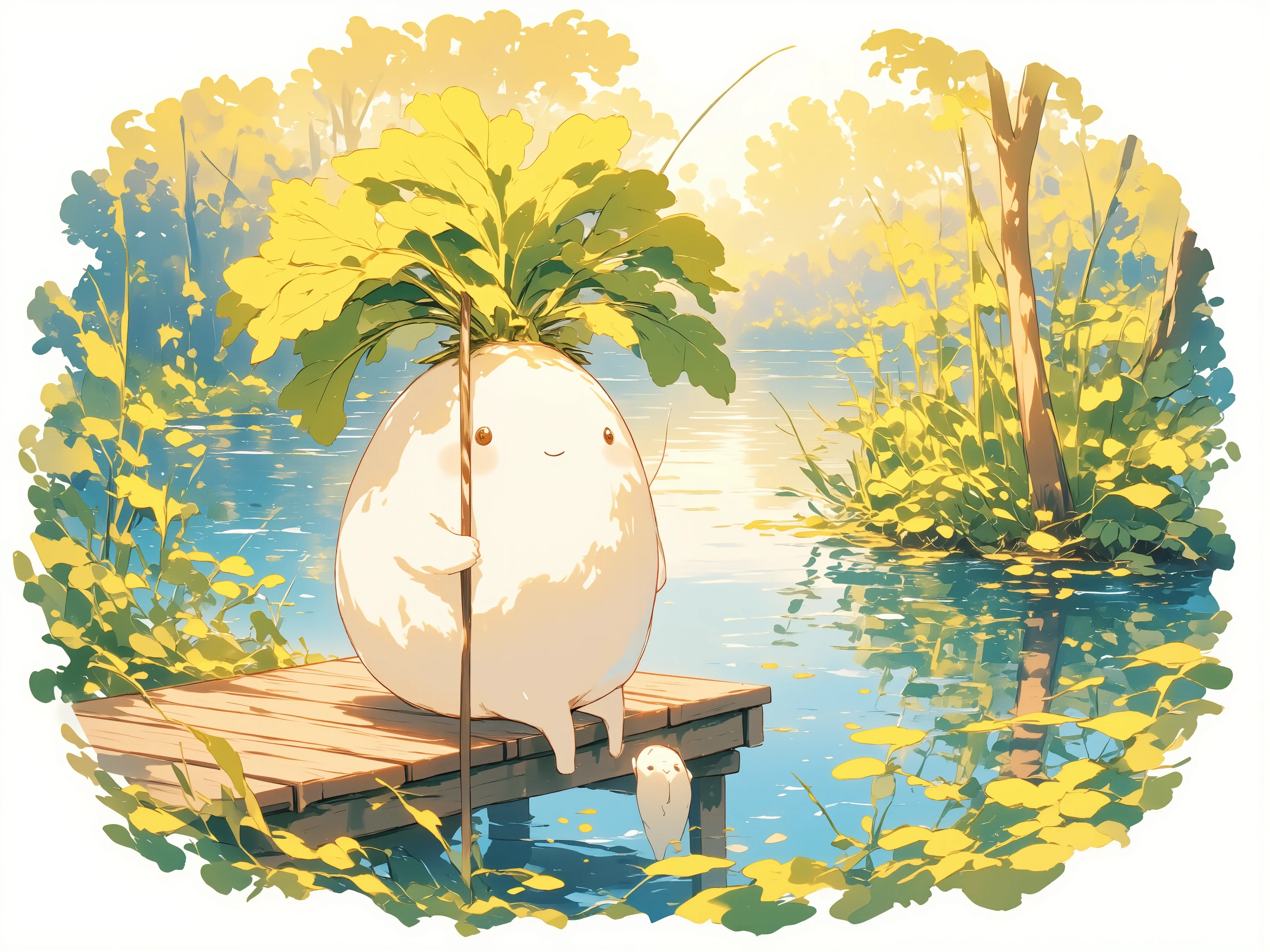 Daikon fishing on a quiet lake, daikon character, fishing rod, sitting on a pier, cute daikon, warm illustration, illustration based on warm colors, highlighting the quiet lake