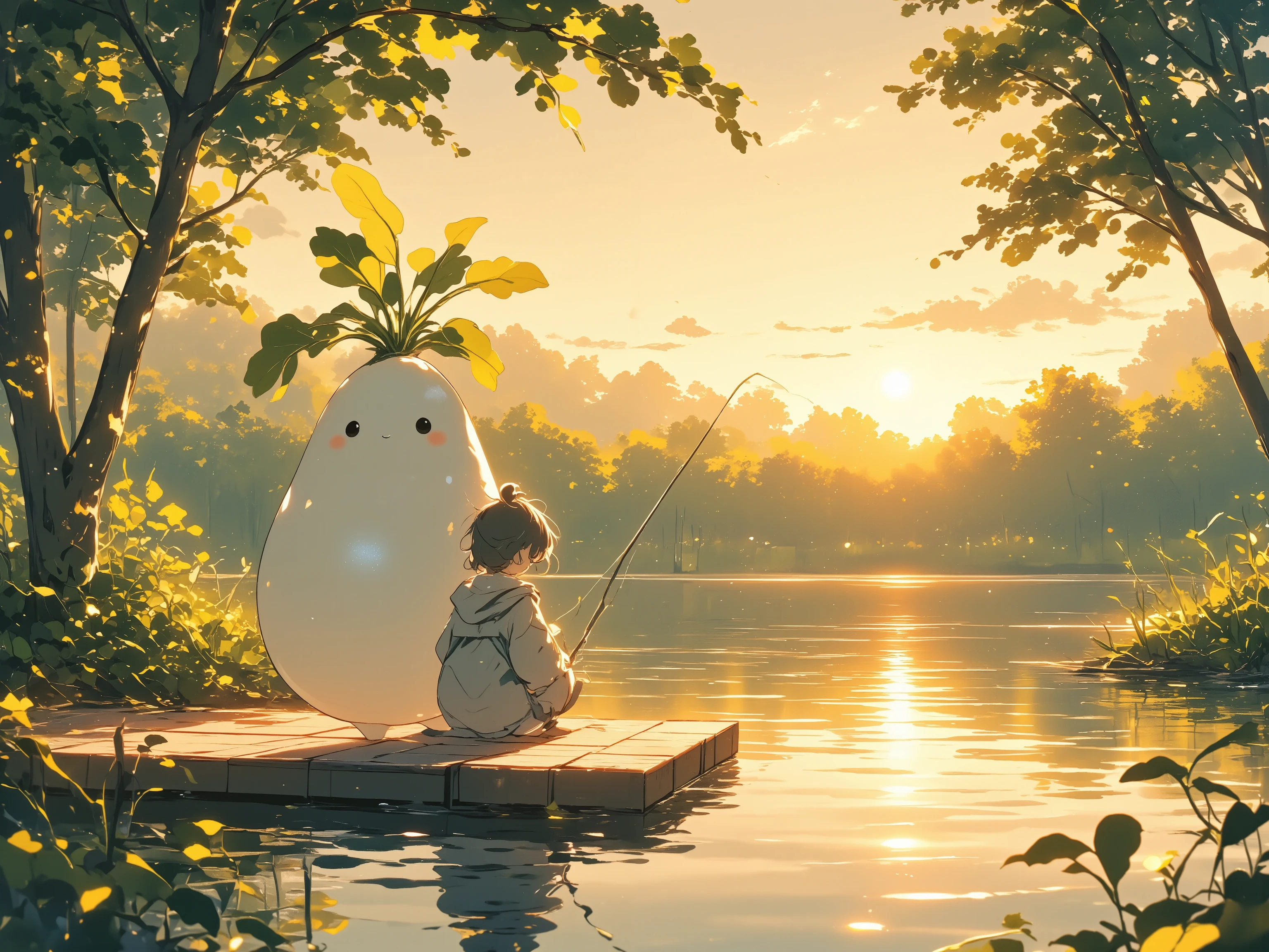 Daikon fishing on a quiet lake, daikon character, fishing rod, sitting on a pier, cute daikon, warm illustration, illustration based on warm colors, highlighting the quiet lake