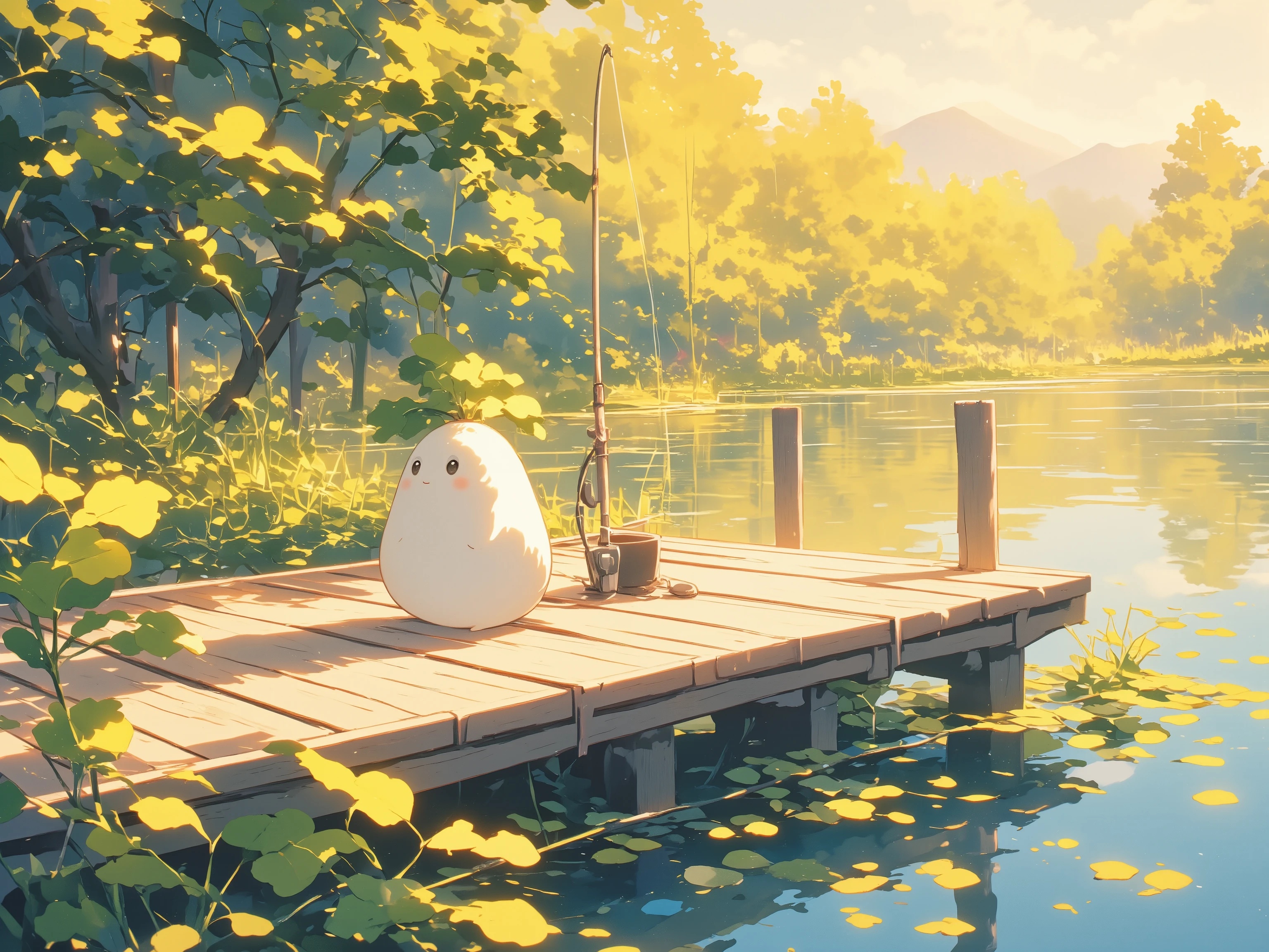 Daikon fishing on a quiet lake, daikon character, fishing rod, sitting on a pier, cute daikon, warm illustration, illustration based on warm colors, highlighting the quiet lake