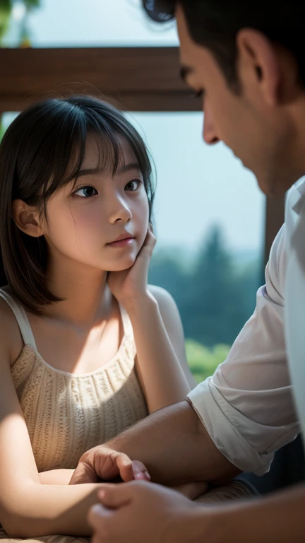 Man pushes down sad kindergarten girl with no T-shirt on bed Sitting on a woman