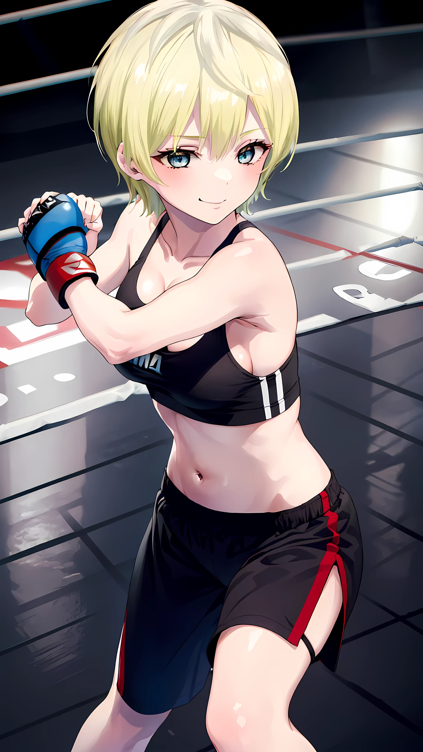 tenkaizumo, izumo, tenka, short hair, Blue eyes, blonde, (1 girl:1.5, solo:1.5), 8K, masterpiece, Highest quality, Hyper Detailed eyes, Detailed face, medium breast, (wearing sports bra:1.5, tight fit short spats:1.5, bare thigh, cleavage, small navel, sleeveless, bare foot), (MMA Arena :1.5), looking at viewer, (upper body shot:1.5), smirking, (boxing poses:1.5),