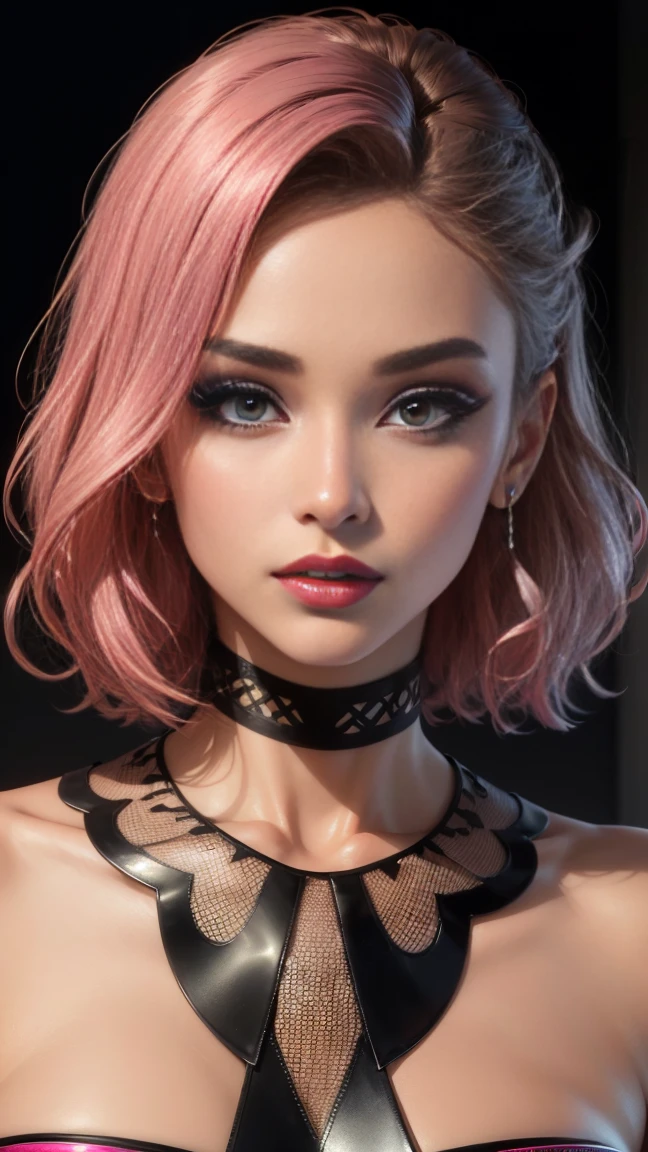 young woman, long pink hair, wide forehead, porcelain skin, pink eyebrows, big emerald green eyes, buttoned nose, thick lips, heart-shaped face, slender body, small breasts, pink leather dress, Sakura Haruno, realistic, realism black details 3d
