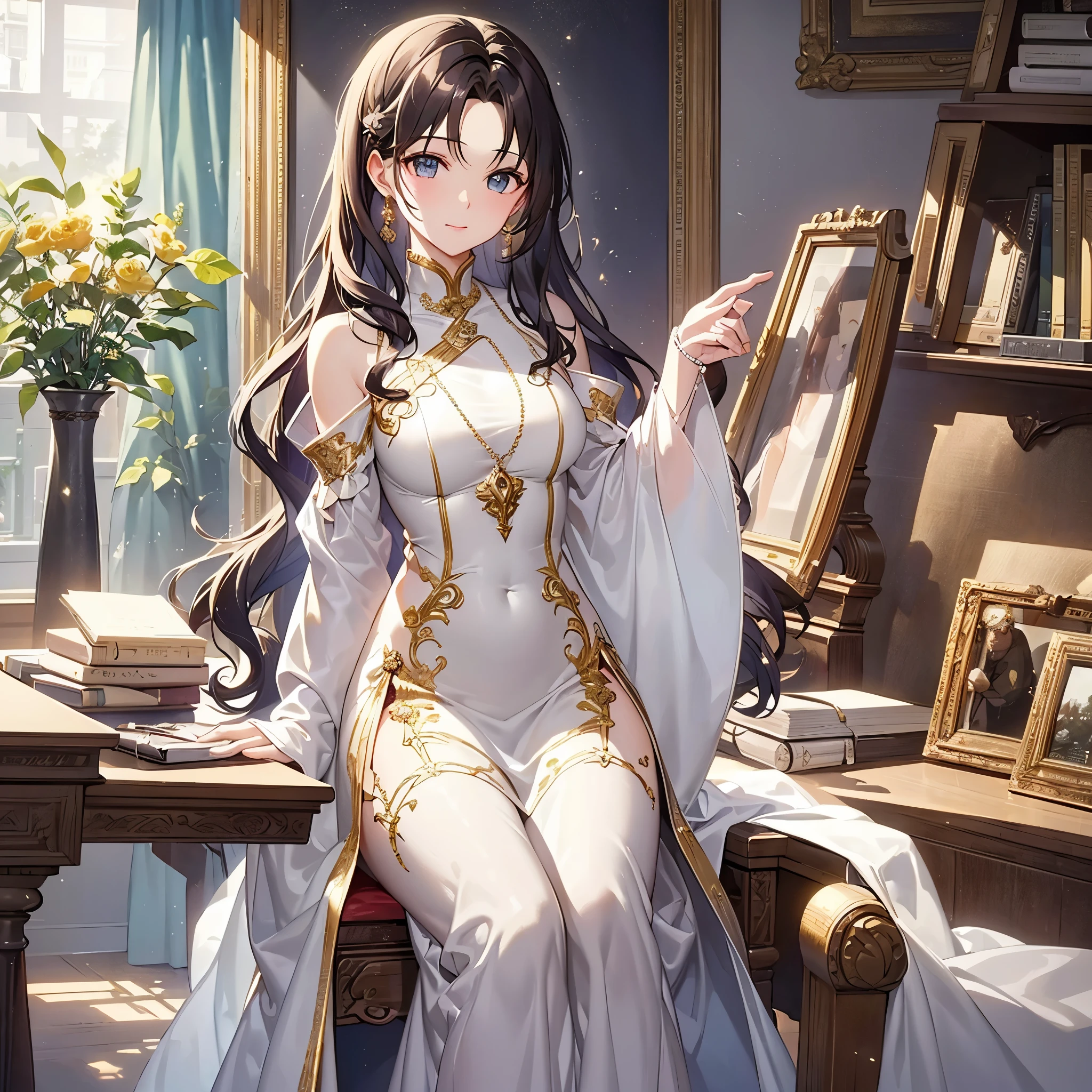 A woman with brown long curly hair is sitting on a computer chair in the study,Concentrate on explaining what 。 The study is filled with all kinds of beautiful flowers , adds a touch of elegance 。 next to her is a vintage desk , The desk is decorated with exquisite carvings , exudes a strong classical vibe 。 gold Colored eyes flickering in the soft light with a warm glow , adds some charm to the whole scene 。