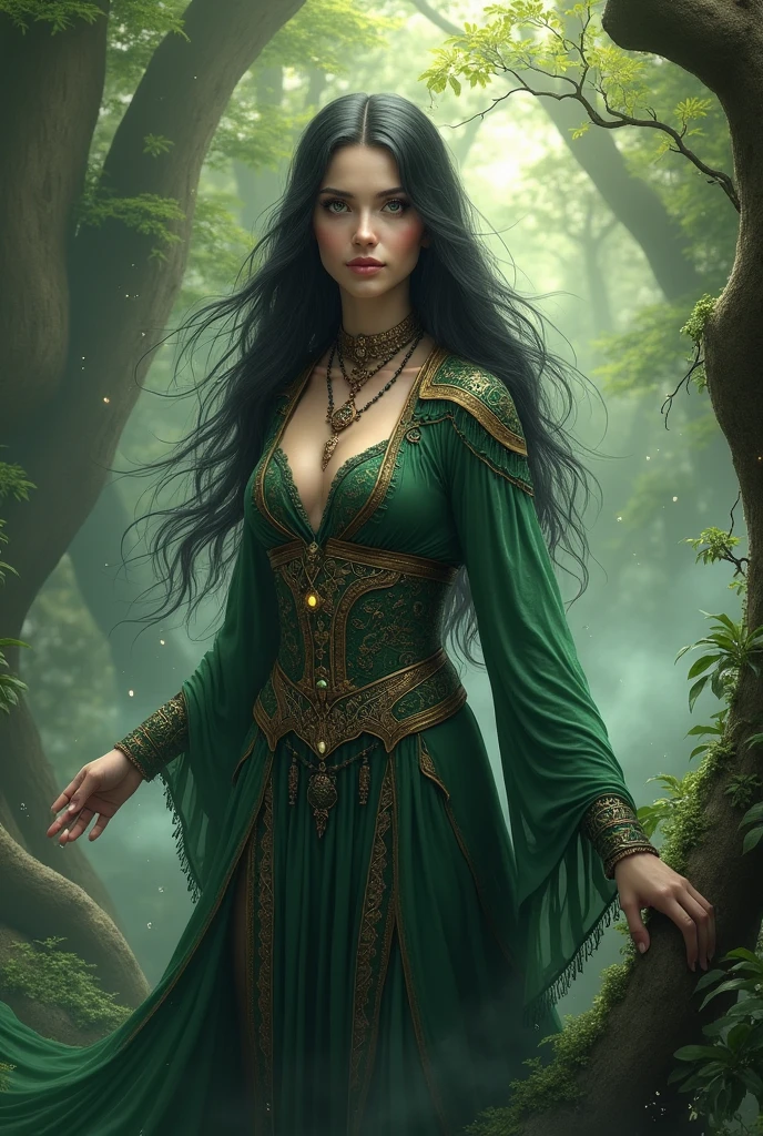 Deep Forest green and silver color theme, Sexy German Forest goddess, long lustrous chocolatey hair, (very wavy hair, very long hair, windblown hair), deep green eyes, sparking dangerous eyes, sharp jawline, thin but hard mouth, (((broad shoulders, (((((massive breasts))))), tight waist, thicc butt and thighs))), (Forest Green blouse, long flowing brown skirt trimmed with emerald and silver, tight silver belt, Forest Green high heels with silver adornments, brown lace stockings with green root patten designs, thin silver jewelry around her neck and wrists, tree branch inspired crown), silver metal gauntlets with Green root art on them, ((wielding a pair of metallic brown chakrams studded with emeralds )), powerful goddess, standing before her throne of living trees in a deep forest, powerful and sexy standing pose, goddess’s throne room in a remote forest, very intricate and detailed background scene, highly detailed, goddess, powerful, sexy, real, incredibly realistic and hyper detailed fantasy art of a mythical goddess, close-up