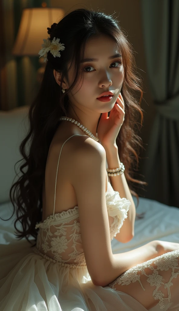 1girl, alone, solitary, high quality, (best quality,4k,8k,highres,masterpiece:1.2),ultra-detailed,(realistic,photorealistic,photo-realistic:1.37),gorgeous hair,dark hair,long straight hair with bangs,puffy eyes,mole on the cheek,plump lips,jewelry,(high detailed skin:1.4),(rim lighting:1.3),(lit:1.3),(sunny day:1.3),portrait,beautiful lips,waist-length hair,seductive gaze,moles,sundress,dress,short dress,close up,really long hair,choker necklace,small tattoos,tattooed