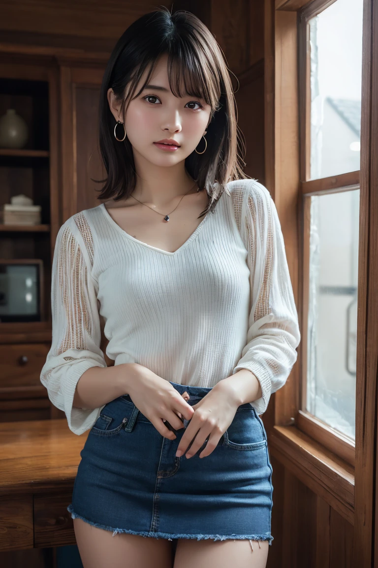 Smile、natta、Bedrooms、Raw photography、(((Ultimate Beauty Portrait)))、((glistning skin))、女の子1人、16 year old beautiful girl in Prague、bright expression、Lori face、((brown haired))、(cleavage of the breast)、(Random Color Pleated Skirt:1.5)、((Big eyes that shine like jewels))、open cardigan、Open your clothes、Lace panties、panthyhose、Glossy glossy skin、(Medium Hair)、(Silky Ponytail Hair)、(is standing)、((Show me all my panties))、((Lifted skirt))、panties focus、Detailed lace panty pattern、((Lift your skirt to show your panties to the camera))、((Lift the skirt bigger and bigger,、Show your panties to the camera))、eye liner、Beautiful bangs、Hair between the eyes、((​masterpiece、top-quality、ultra-detailliert、Film Light、intricate-detail、hight resolution、ighly detailed))、细致背景、8KUHD、Digital SLR、Soft light、hightquality、Film grain、FujifilmXT3 、Shallow depth of field、natural soft light、Kamimei、Lush bust