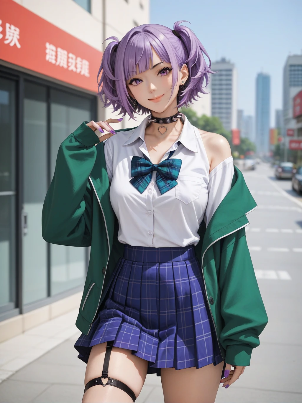 1girl, tanaka mamimi, idolmaster, purple eyes, purple hair, short twintails, diagonal bangs, earrings, school uniform, green jacket, open jacket, black choker, spiked choker, plaid bowtie, blue bow, loose bowtie, white shirt, collared shirt, collarbone, off shoulder, sleeves past wrists, blue skirt, plaid skirt, pleated skirt, miniskirt, garter straps, thigh strap, single thighhigh, printed thighhigh, multicolored thighhigh, green thighhigh, uneven legwear, fingernails, purple nails,
looking at viewer,official art,clothing, cosplay,photo,uncensored,rating_safe, cowboy shot,pose,outside, city, smile,