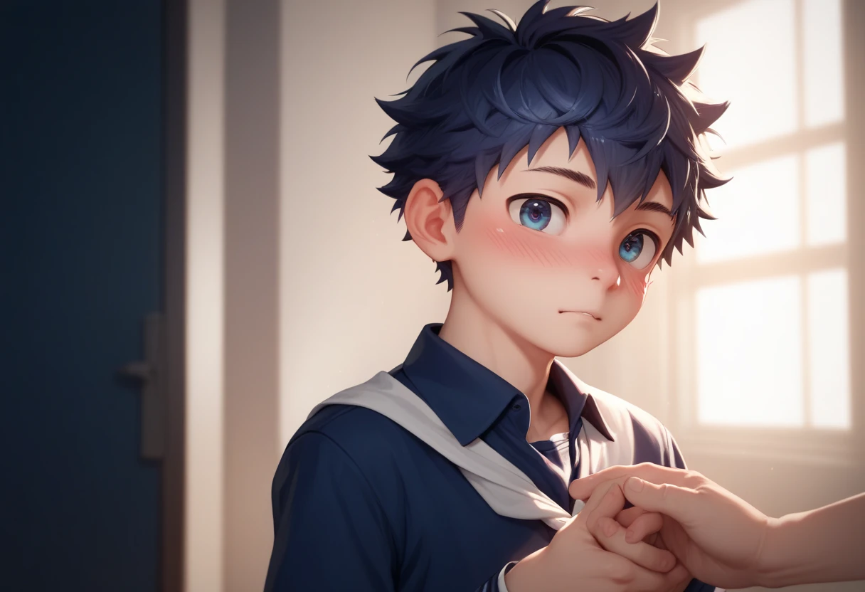 Two handsome cute kiid little young boy 5yr,blush,messy short hair,from front close up,in place to change school clothes,kiid face,wearing uniform,they join hands,fullbody,hd,4k,8k,dynamics lighting,perfect lighting,realistic,behind background a peoples 