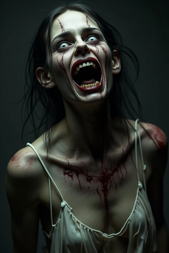 She is possessed by Lucifer himself Her face is pale Her wounds are infected Distorted and terrifying facial expression, with a macabre smile Erratic body movements, contorted and supernatural Pale skin, emaciated or sickly looking Distorted voice, serious or with supernatural echoes