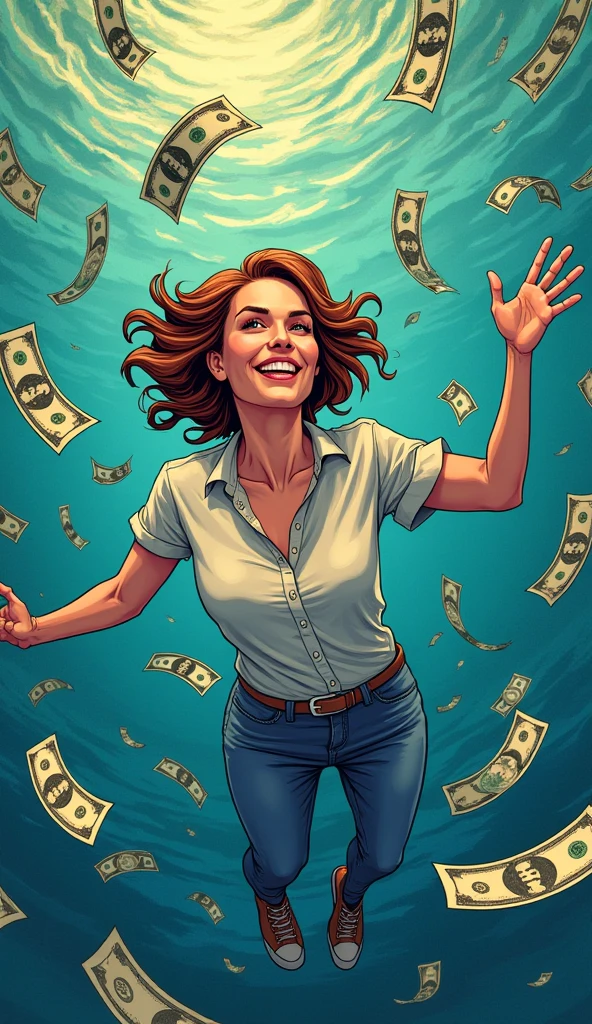 (1 girl, solo, (floating in the sky, sexy posing)), (girl is wearing a golden bikini, (redhead long hair):1.1, (olive eyes, face) ), (background bills and coins, money falling), (realistic)