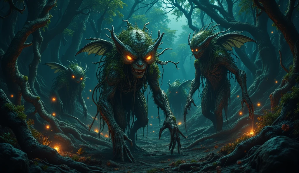 In a dark and mysterious forest, ancient, humanoid creatures emerge, seamlessly blending with their surroundings. These beings are part plant, part humanoid, with bark-like skin adorned with moss, leaves, and fungi growing naturally across their bodies. Their elongated limbs are twisted like tree branches, and their glowing eyes shimmer with an otherworldly light, exuding wisdom and a hint of menace.  

Each creature is unique: some have gnarled horns resembling tree roots, while others have delicate wings resembling dried leaves or vines. Their hair flows like strands of moss, and their movements are graceful yet unsettling, as if they are the forest itself come to life.  

The backdrop is a dimly lit, ancient woodland, where beams of light barely penetrate through the dense canopy. Twisted roots, gnarled trees, and glowing fungi add to the eerie, magical atmosphere. In the distance, faint whispers and glowing fireflies hint at an ancient magic that binds these creatures to the forest.