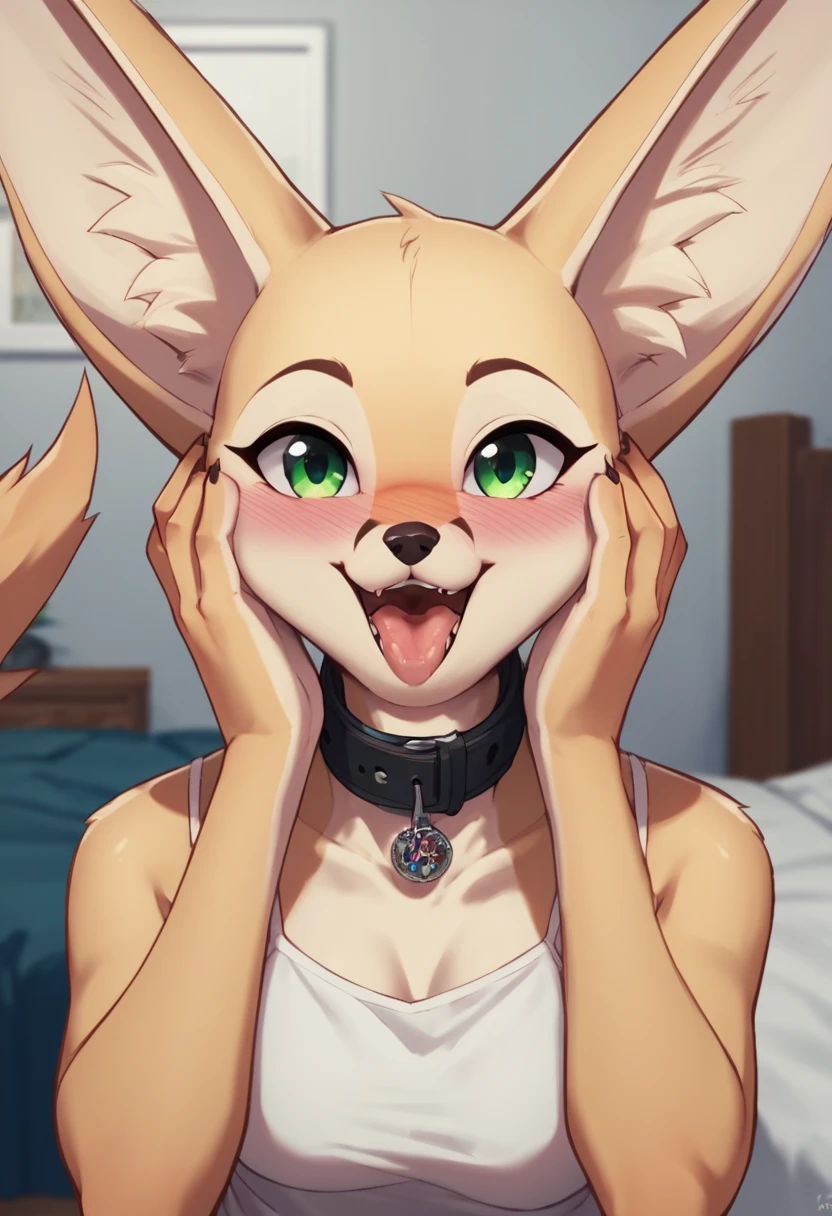 score_9, score_8_up, score_7_up, score_6_up, score_5_up, score_4_up, source_furry, by euf-dreamer, standing, indoors, bedroom, bed, upper body BREAK female, anthro, fennec, fox, tan fur, hand on own face, collar, white camisole,  medium breasts, smile, looking at viewer, green eyes, blush, open mouth  , (((blowjob)))