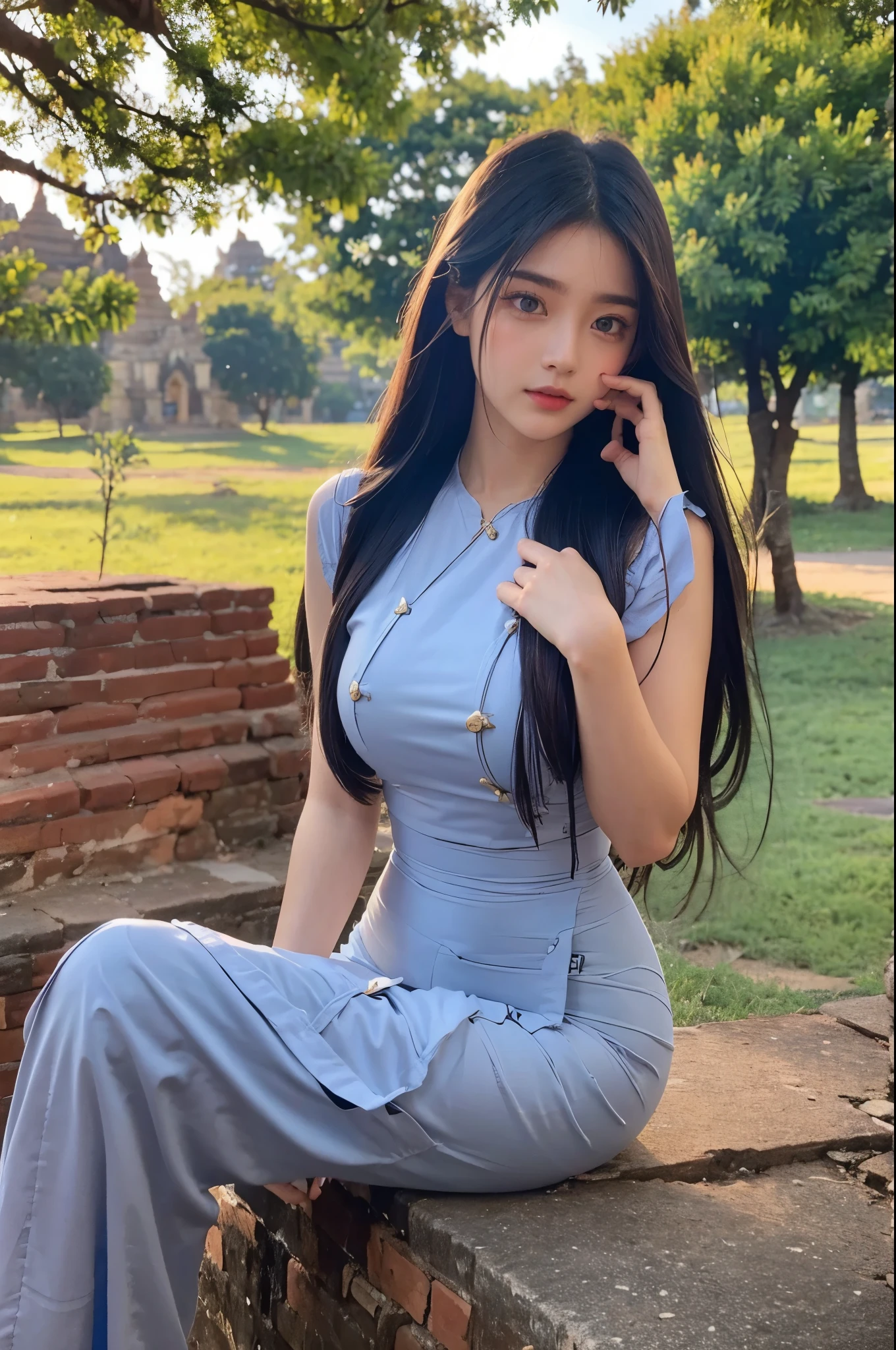 1girl, sitting in front of ancient Bagan Bagodas, Myanmar, beautiful detailed eyes, beautiful detailed lips, extremely detailed face, long eyelashes, cute, sweet, above Burmese outfit dress, Her hair looks like she dyed it with the rainbow, her body is fit yet curvy, skin is soft, fashion photography, mid nineties sunlight, cinematic lighting, vibrant colors, highly detailed, photorealistic, 8k, best quality, masterpiece